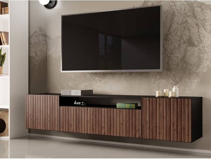 Beautysofa TV-Schrank MIO II Modernes Hängendes RTV-Kabinett mit gefrästen Lamellen-Fronten (Push-to-Open) moderner RTV-Schrank, grifflos