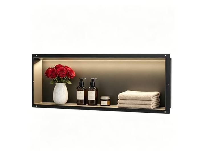 Bernkot Wandnische Dusche Edelstahl, wasserdichte Nische mit LED-Licht Eingebettete Duschnische 30x90x10cm, Einzelbett Duschnische, Eingebettete Lagerung im Duschraum, Schwarz