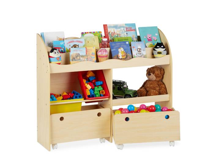 Relaxdays Kinderregal Mehrfarbig mit 4-Boxen, Hellbraun, Holzwerkstoff, Kunststoff, 108x88x29 cm, Baby- und Kindermöbel, Babyzimmer, Babyregal & Kinderregal