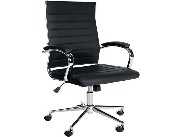 Fauteuil de bureau en cuir veritable noir surpiqûre horizontale et pieds metal chrome 10_0002553