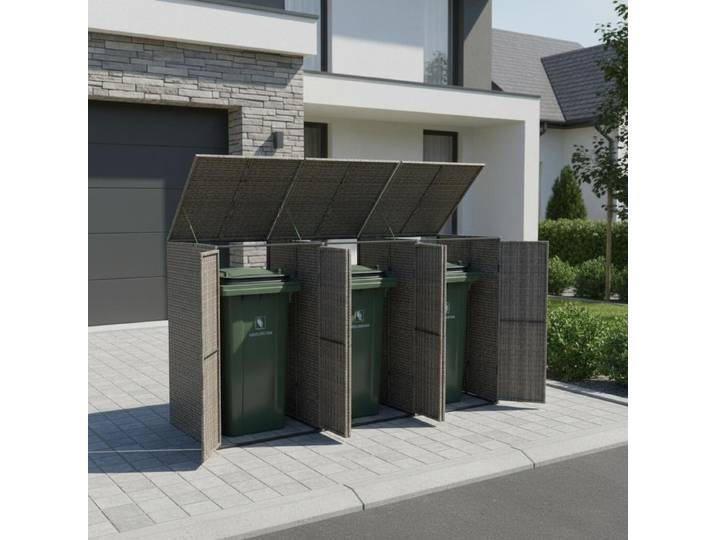 Housse pour 3 poubelles, grise, 207x80x117 cm, polirattan