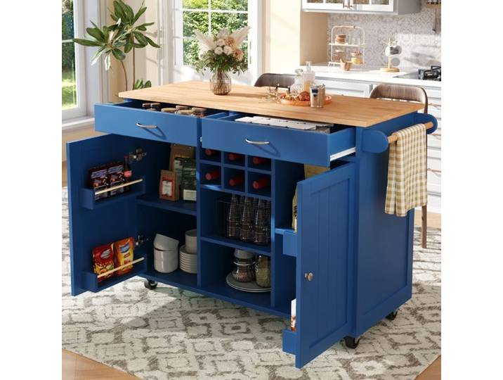 Buffet de Cuisine Multifonctionnelle 2 Portes 2 Tiroirs - Chariot à Roulettes avec Porte-Serviettes - 102x45x92cm - Bleu
