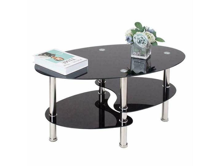 Table basse en verre, table en verre à 3 niveaux, table ovale pour salon, table basse pour salon et bureau, 90x50x45cm