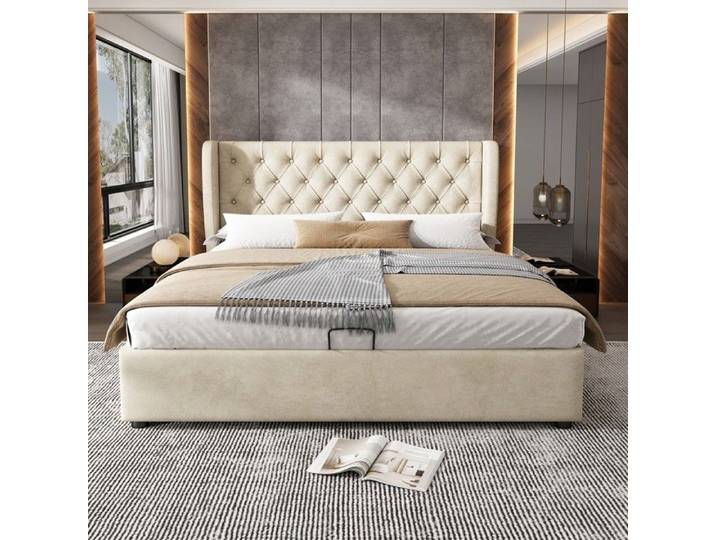 Lit- Xylo- en samtstoff Ohrenform Große Knopfnähte Doppelbett Hydraulisches Funktionsbett mit Lattenrost- 180x200cm