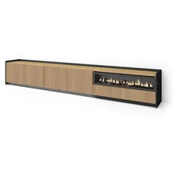 Skraut Home, TV-Schrank, 310x50x37 cm, Für TV-Geräte bis zu 80", Elektrokamin, Led, Eiche Schwarz