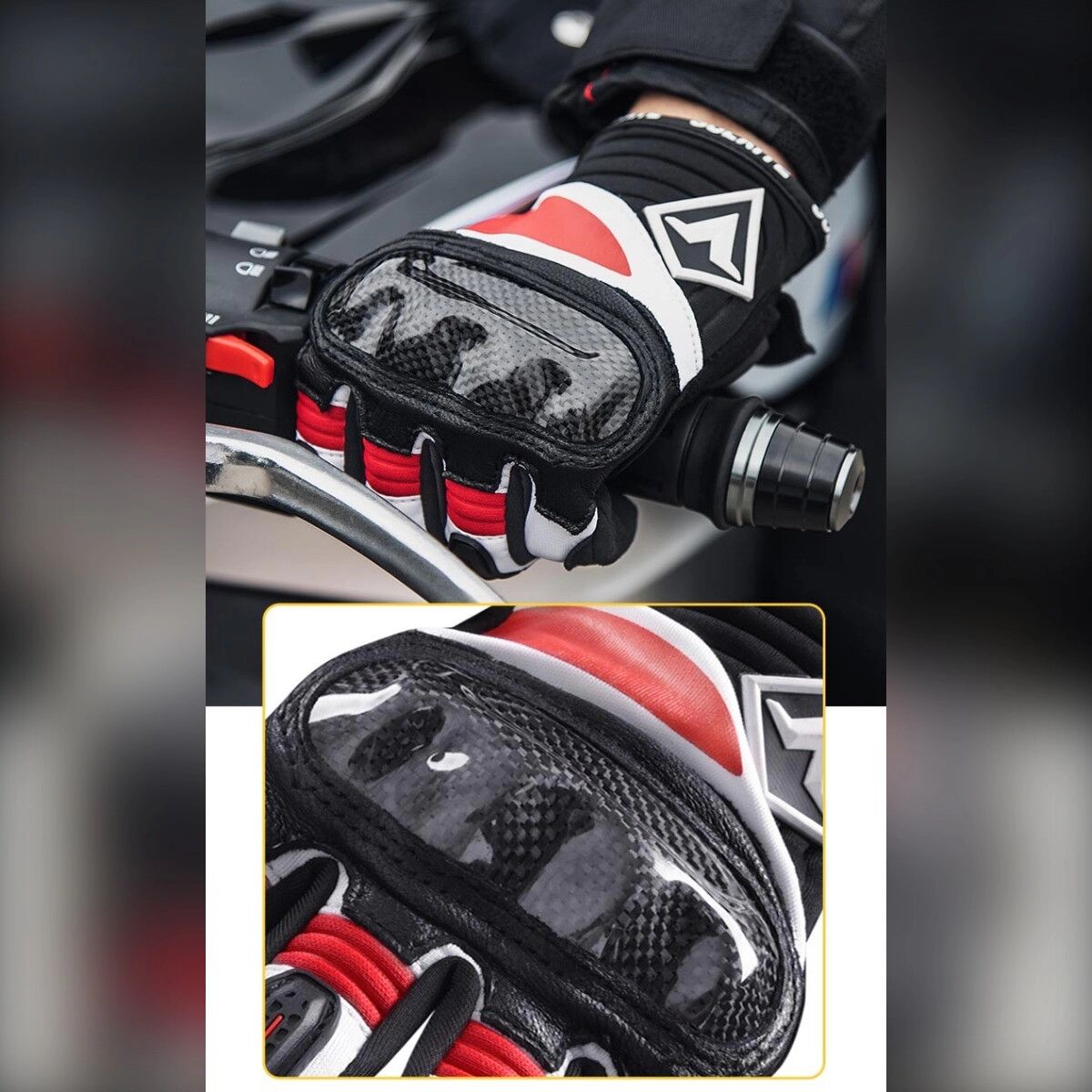INF Carbonfaser Schutz-Handschuhe 2er Set — Harte Knöchelschutz, TPU-Handfläche, Touchscreen Weiß+Rot