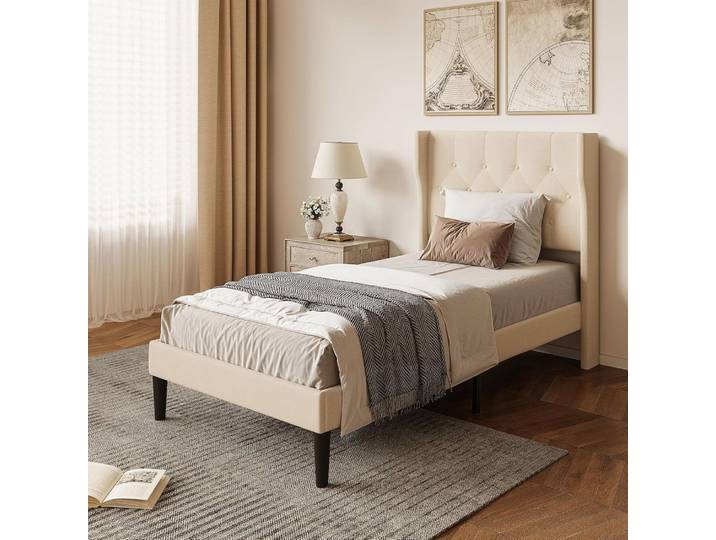 Lit simple en bois rembourré 90x200cm avec rangement de 20cm, montage facile, beige