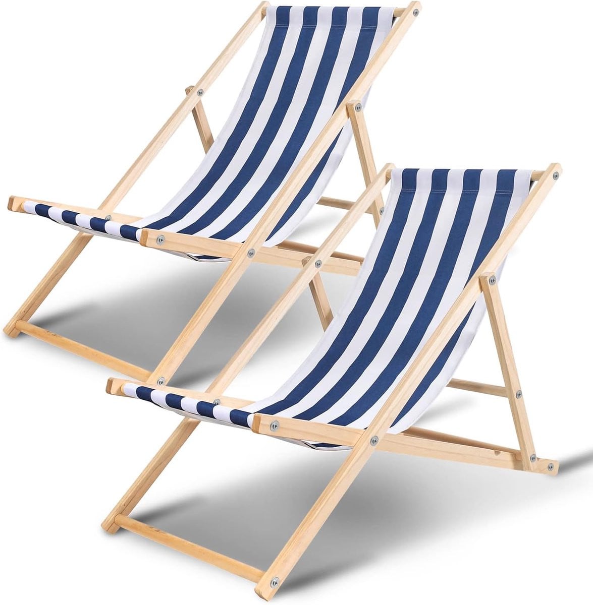 Houten Ligstoel Blauw Wit met Verstelbare Rugleuning