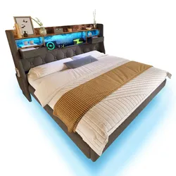 Polsterbett 140x200 cm mit LED-Beleuchtung und Ladestation – modernes Doppelbett mit Stauraum und Kopfteil Grau