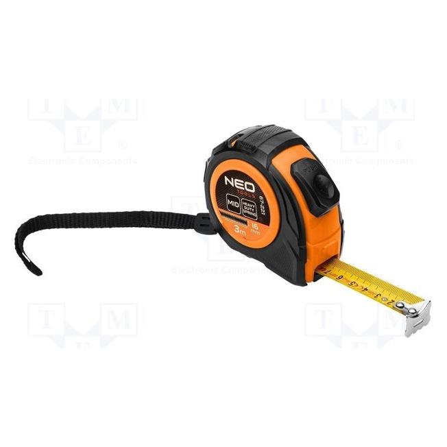 Neo Stahlrollenmass 3 m x 16 mm, automatische Verriegelung, zwei Stopptasten (3 m) (67-221)