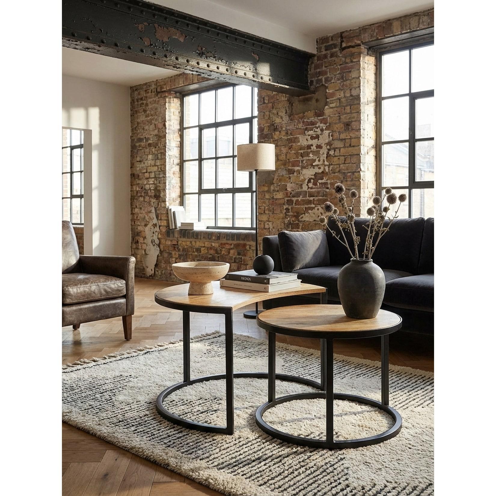 Couchtisch 2er Set Mango Massivholz Metall Rund Industrial, Hellbraun 41x60x41 cm
