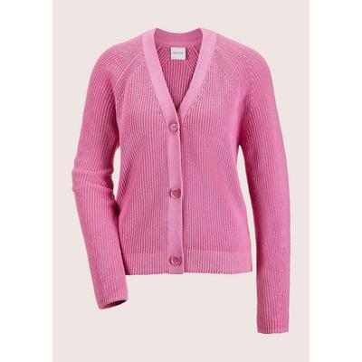 Strickjacke MADELEINE "Strickjacke Moderne Sommerstrickjacke mit Perlfang-Muster", Damen, Gr. 44/46, rot (himbeersorbet), Obermaterial: 100% Baumwolle CO., Modern, V-Ausschnitt, Strickjacken Strickjacke, Mit Perlfang-Muster