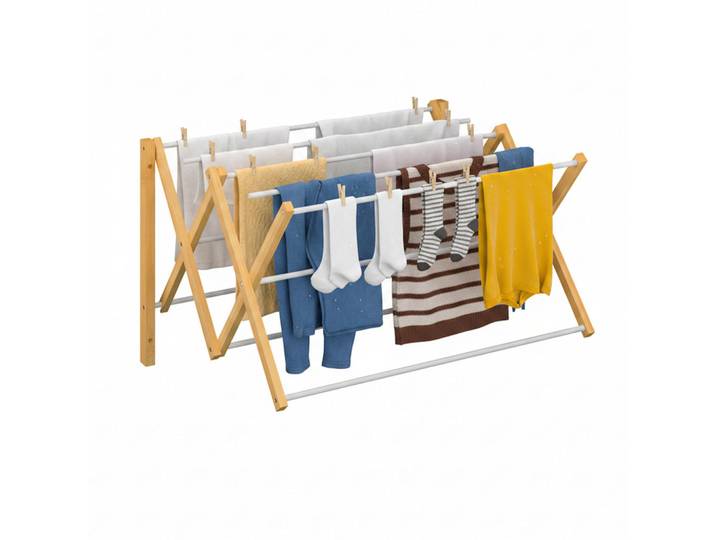 Relaxdays Wäscheständer Holzoptik Weiß Wandmontage ausziehbar 8 Stangen 45 cm, Mehrfarbig, Holz, Metall, 71x45x59 cm, Haushalt & Reinigung, Wäschepflege, Wäschekörbe & Tonnen