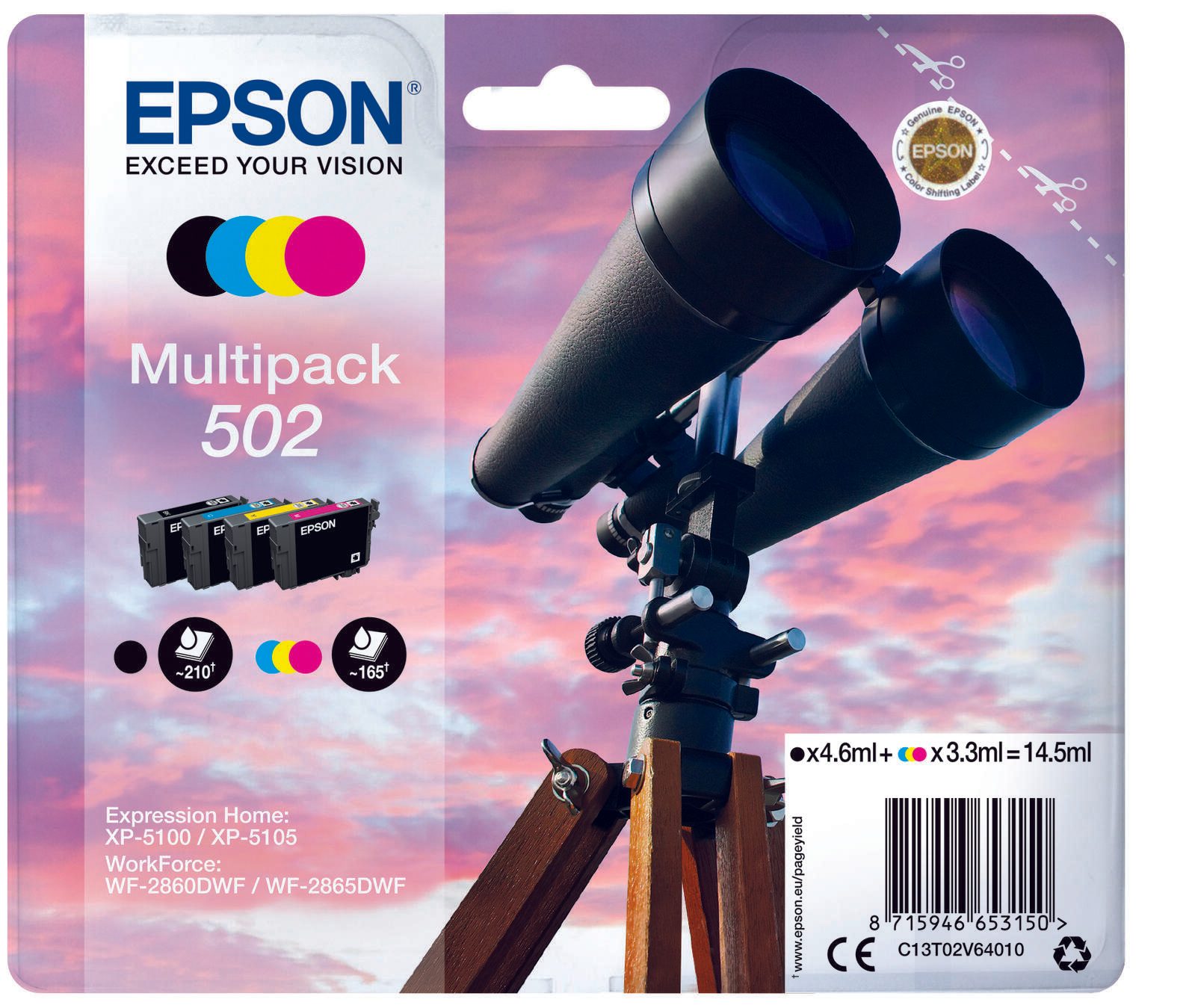Epson Original 502 Fernglas Druckerpatronen - 4er Multipack (C13T02V64010)