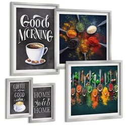 BILDER SET 5er Set - 50x50 cm & 20x30 cm & 40x60 cm Silberner Rahmen - Gewürze, Kaffee, Tasse, Kräuter