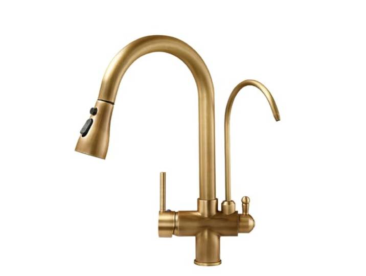 Trinkwasser 3-Wege-Filter Wasserhahn Küche - Küchenarmatur Mit Brause Ausziehbar, Retro Messing 2 Hebel Spültischarmatur Mischbatterie Für Osmoseanlage, 3 In 1 Armatur Küche Für Wasserfilter, Bronze