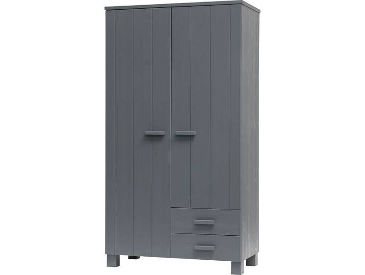 Garderobenschrank WOOOD Dennis FSC-Kiefernholz gebürstet lackiert, H 202 x B 111 x T 55 cm , grau (stahlgrau), B:111cm H:202cm T:55cm, Holzwerkstoff, Schränke, Garderobenschrank, Mit Wasserlack gespritzt, Wandbefestigung empfohlen, Pfleiglleicht