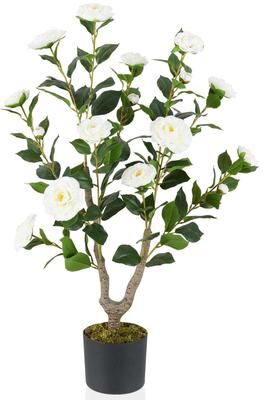 1/2pcs 3Ft Faux Camellia Tree w/ Flowers Small Potted Cement Base
