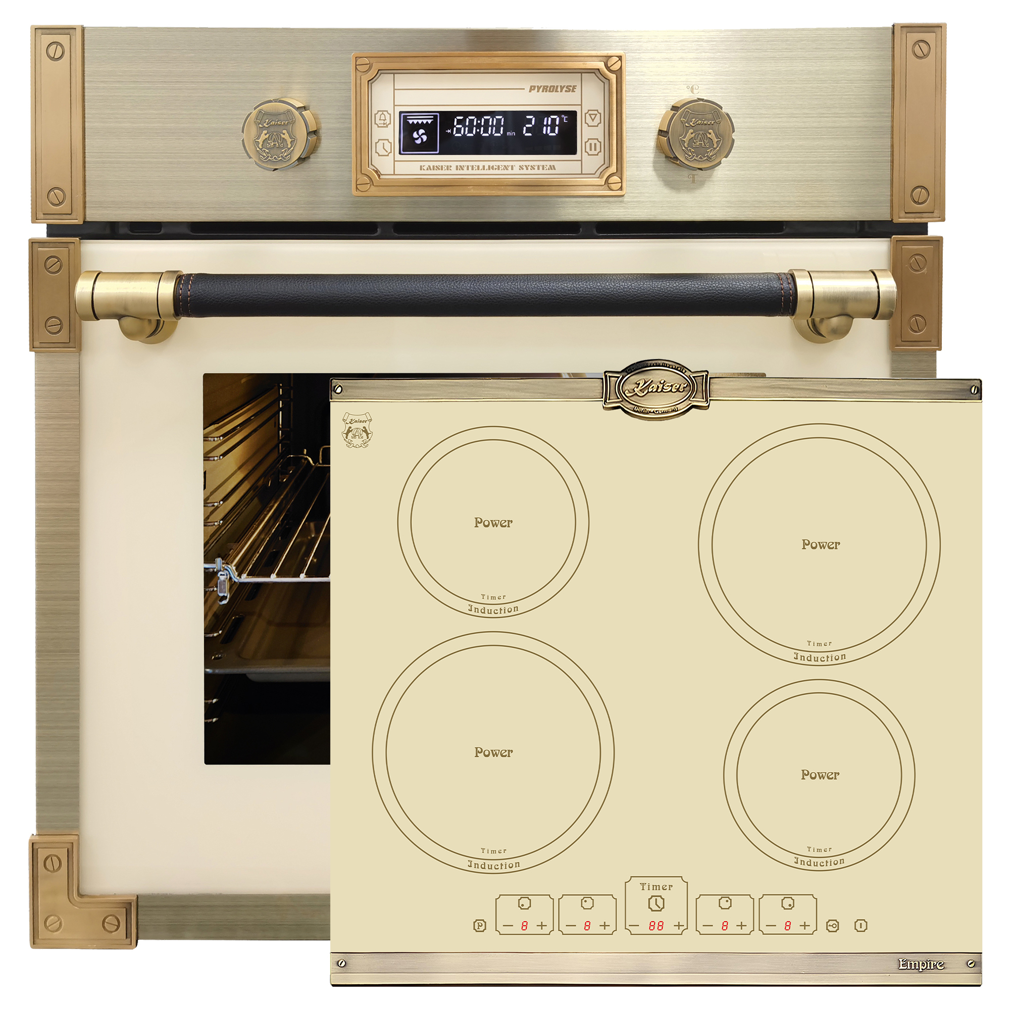 Herd Set Autark Kaiser EH 6427 ElfAD Retro Pyrolyse Einbau Backofen 73L Elfebeinfarbiges Glas 60 cm+KCT 6195 IElfEm Induktionskochfeld 60cm