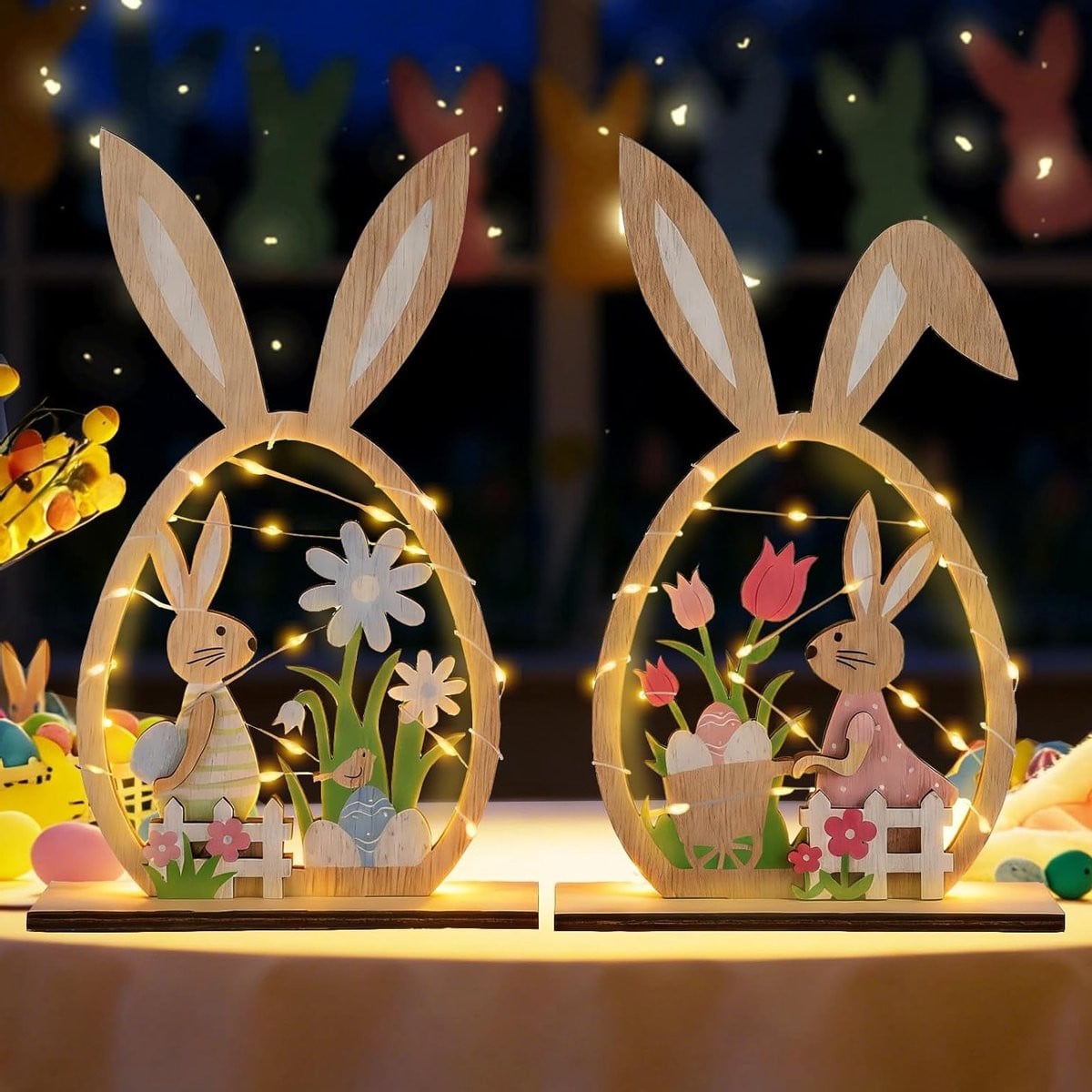 Set van 2 houten paashazen met LED-verlichting voor decoratie op tafel