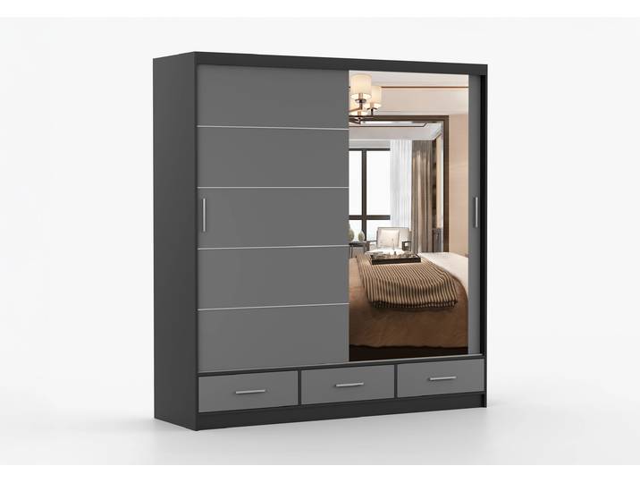 Schwebetürenschrank FLORENCE 203 cm Schwarz Grau + Spiegel