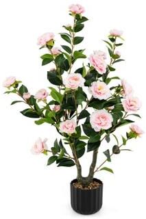 Costway 38 Inch Artificial Camellia Tree Faux Flower Plant in Cement Pot-Pink