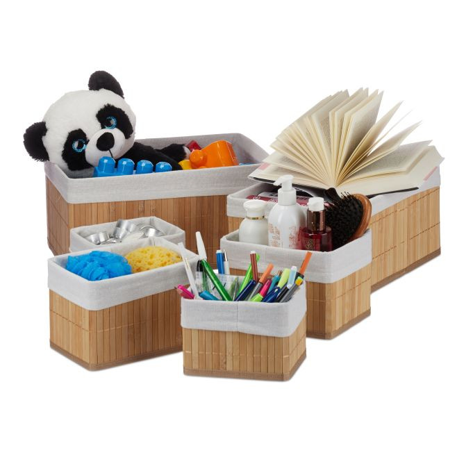Relaxdays Opbergmand Set van 6, Bamboe en Textiel, Beige, Stapelbaar
