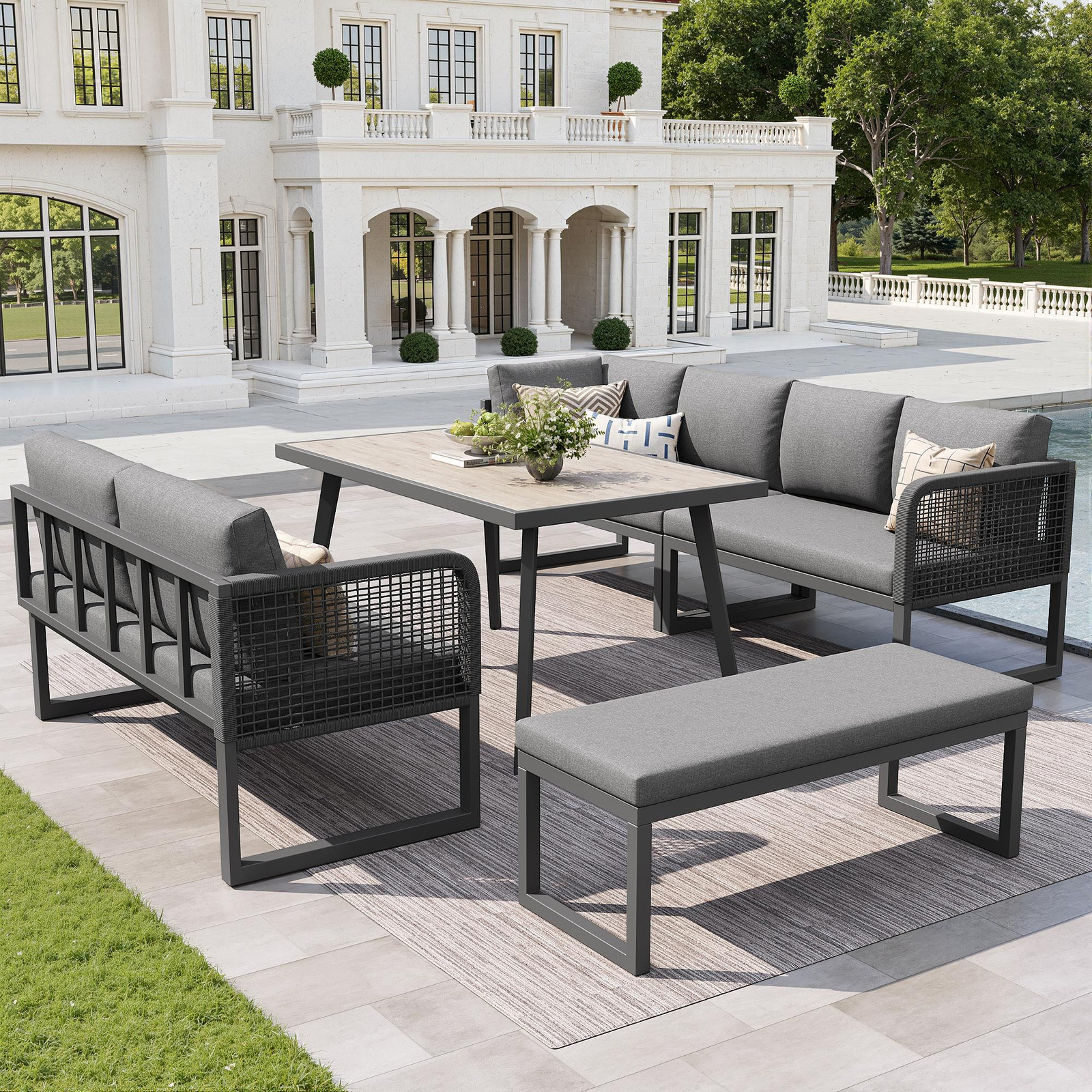 Flieks Rieten loungeset voor de tuin, 5-delig, grijs