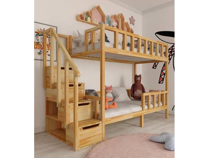 Stolarnia Fojtuch Holz-Etagenbett, Hausbett mit Treppe - Filip - seitlicher Eingang - Kiefer (180x90)