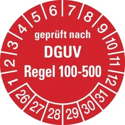 König Werbeanlagen Prüfplakette ab 26, DGUV Regel 100-500, rot/weiß, Folie, Ø 30 mm - Bogen = 10 Plaketten - 30 mm Folie selbstklebend