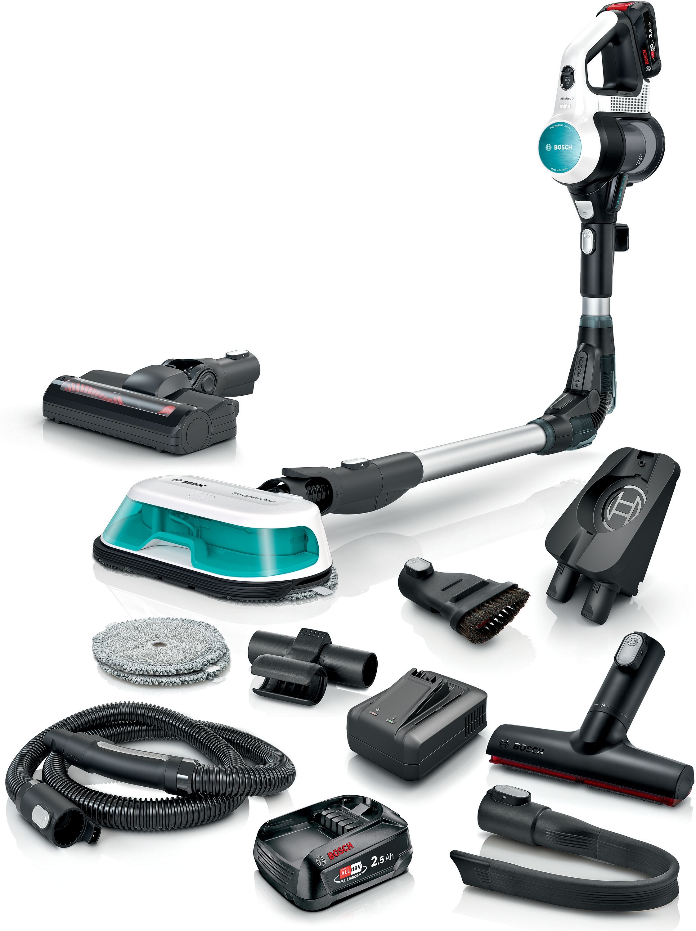 Bosch Unlimited 7 BSS712XHYG ProHygienic Handstaubsauger Beutellos bis 35 min Laufzeit 18 V HEPA (Aqua/Schwarz/Silber/Weiß)