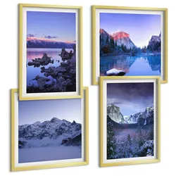 BILDER SET 4er Set - 50x50 cm & 40x60 cm Goldrahmen - Berglandschaften, Sonnenuntergang, Wasser