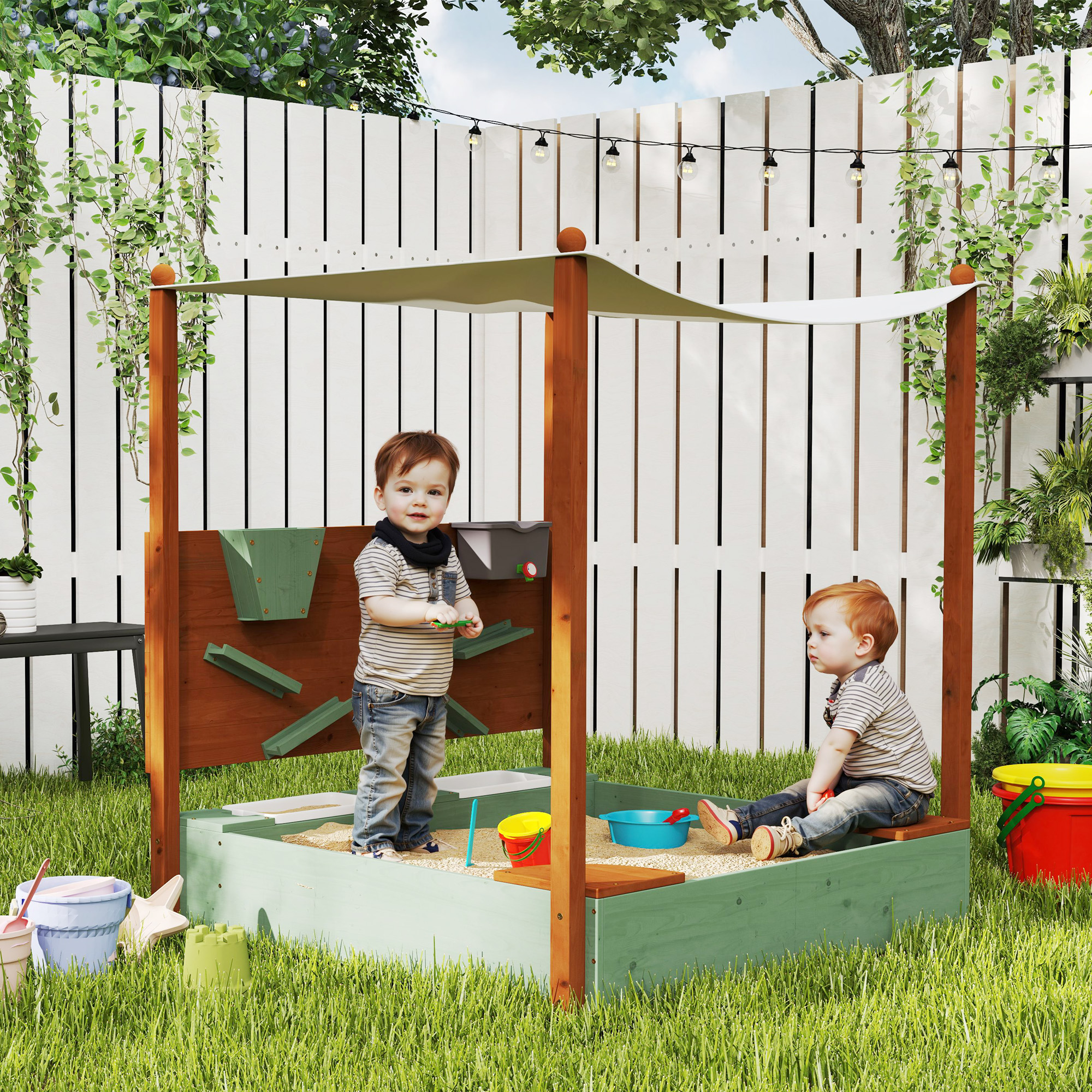 Aiyaplay Sandbox con tettoia solare per bambini, 2 contenitori per conservazione, 116L x 112,5P x 128H cm, Legno di pino, Plastica, Verde   Aosom Italy