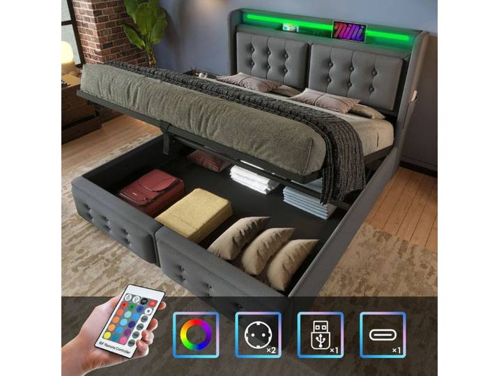 Lit 160x200 avec sommier - VVBV - Lit coffre 160x200 - Coffre de rangement - LED intégrée - Prise USB‑C