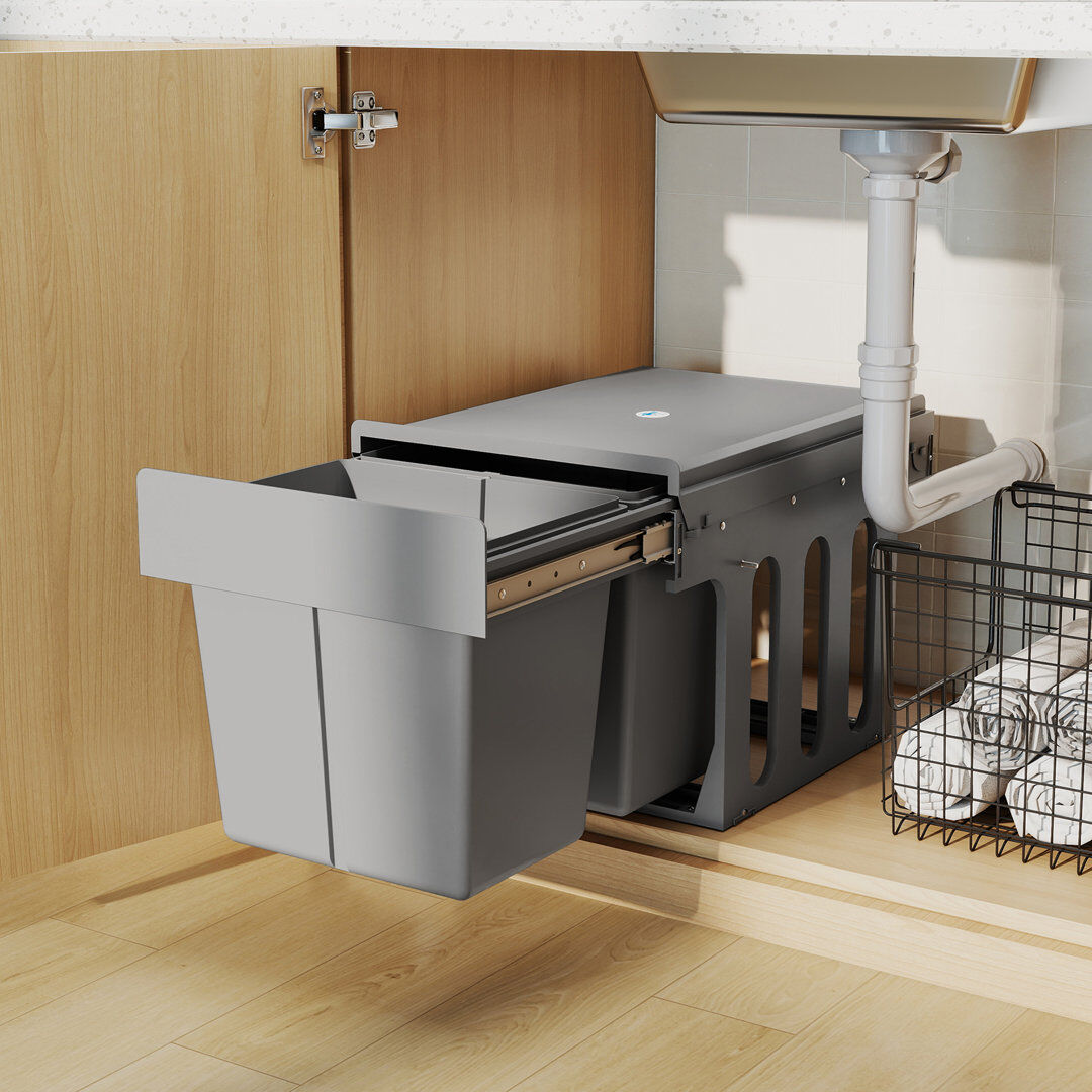 HOMCOM Soft Close Pull Out Bin, Under Sink Bin - 2 Compartments (15L Each) Grey 30L