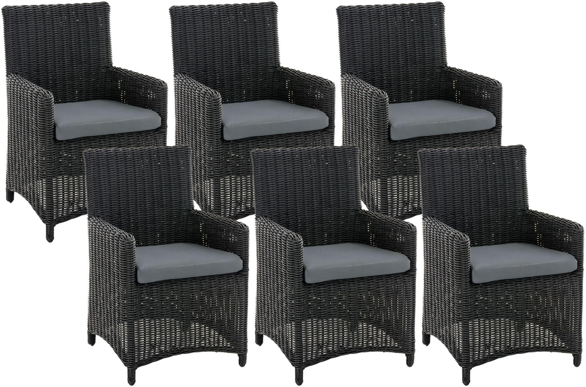 CLP Gartenstuhl 6er Set Fontana, Polyrattan Gartenstühle, Hochlehner mit Sitzkissen, schwarz Polsterfarbe Eisengrau