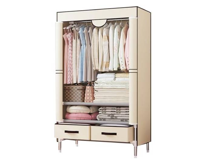LigedamaiEU Tragbarer Kleiderschrank-Kleiderständer mit Abdeckung, freistehender Stauraum Stahlrahmen und Vliesstoff(Beige)