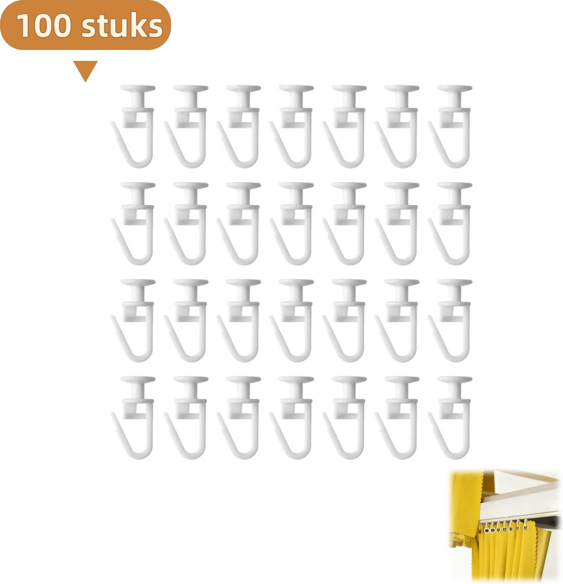 Set van 100 witte plastic gordijnhaken voor ramen, deuren en douchegordijnen