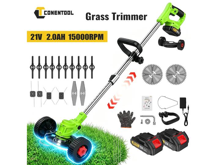 Débroussailleuse sans fil CONENTOOL à longueur réglable avec roues, coupe-herbe portatif pour batterie Makita 18V