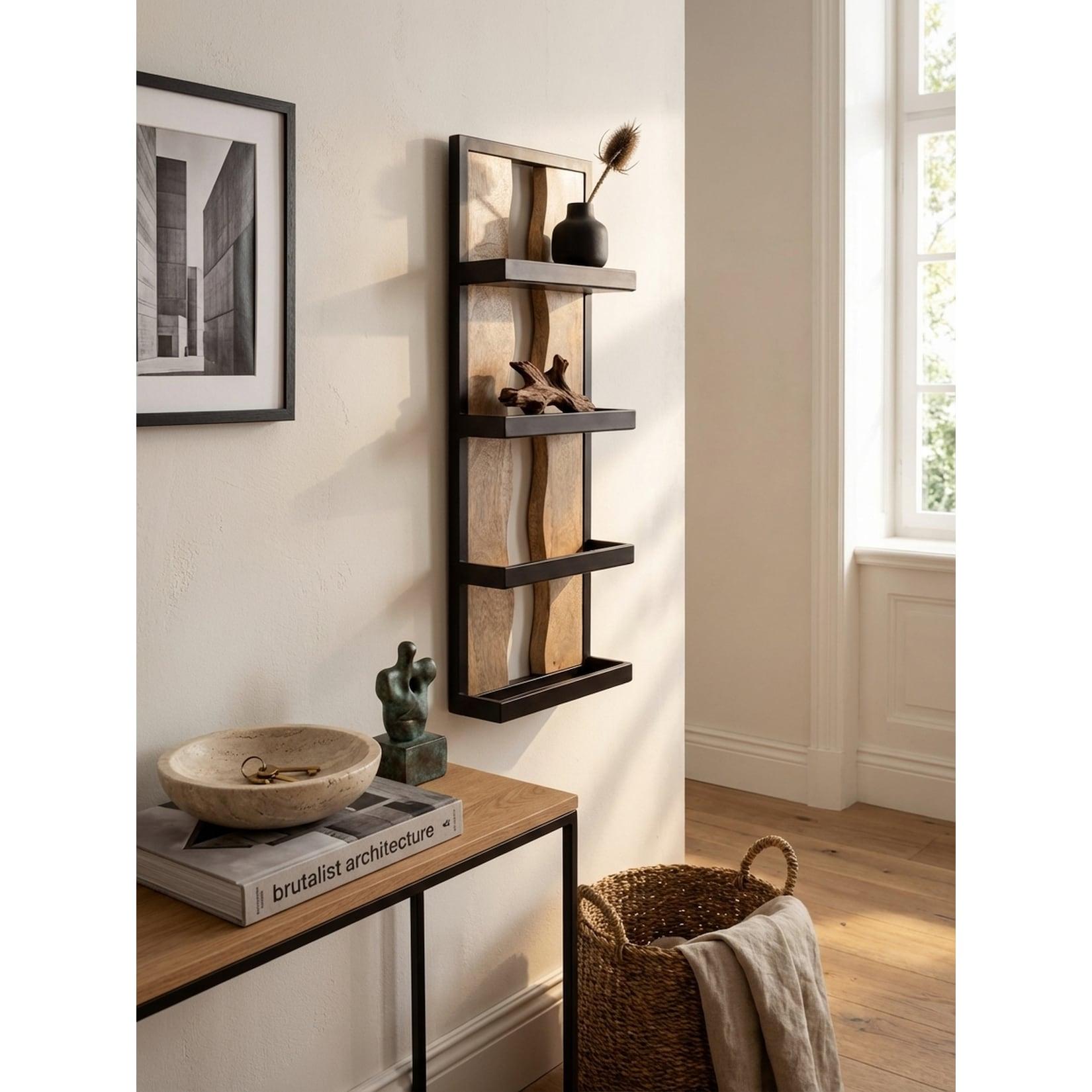 Wandregal Mango Massivholz Metall Industrial Stil 30x80x10 cm Rechteckig mit 4 Ablagen und Wellenmuster