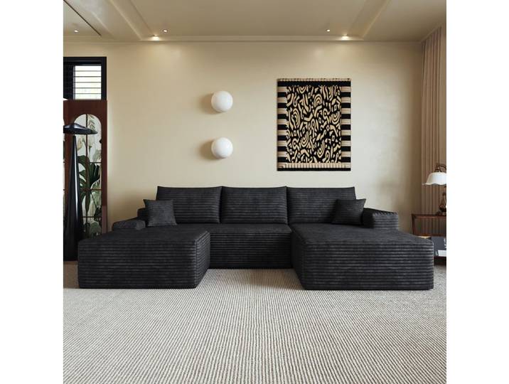 Canape D Angle 4 Places En Tissu Noir Sofa Modulaire FloraGrace Pour Salon Ou Chambre Sans Montage 270x175x83cm