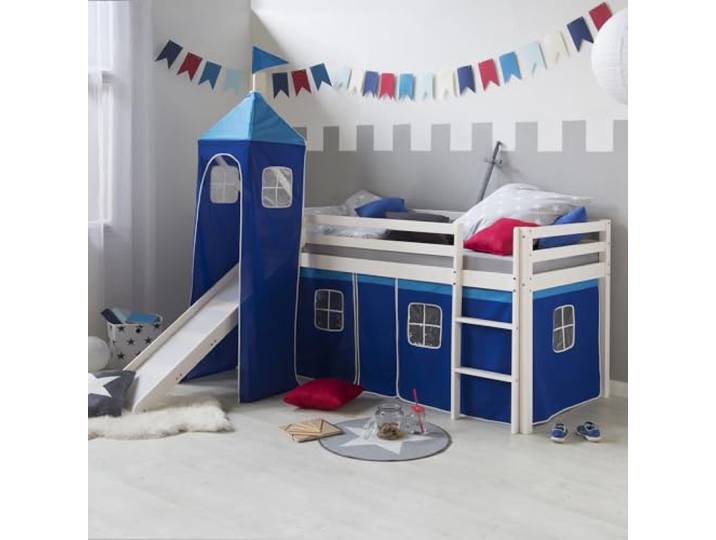 Homestyle4u 2565, Kinderhochbett Weiß 90x200cm Holz Kiefer Spielbett Blau Hochbett Turm Rutsche Vorhang Leiter Lattenrost