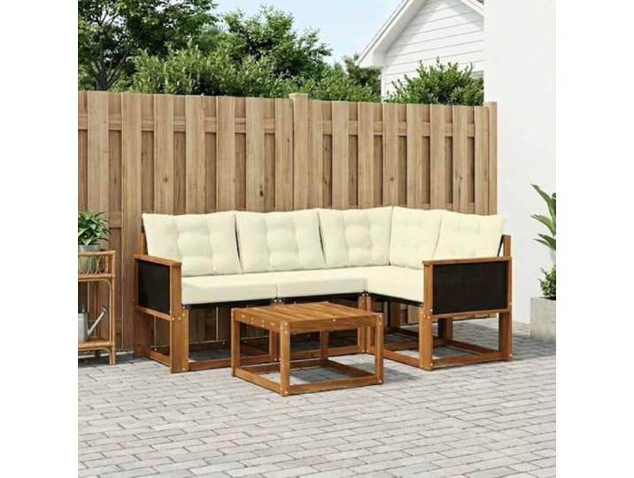 HFMDRMU 5-teilige Outdoor-Sofagarnitur mit Kissen, Natur und Creme, aus massivem Akazienholz und Textilene-Sitzfläche, abnehmbare Kissen mit Reißverschluss, Tischplatte