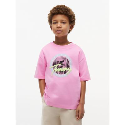 T-Shirt TOMMY HILFIGER, Jungen, Gr. 3 (98), pink (pink daisy), Single Jersey, Obermaterial: 100% Baumwolle, unifarben, regular fit normal, Rundhals, abgesteppte Kante, Shirts T-Shirt, für Kinder bis 16 Jahre, Regular Fit, cooler Druck