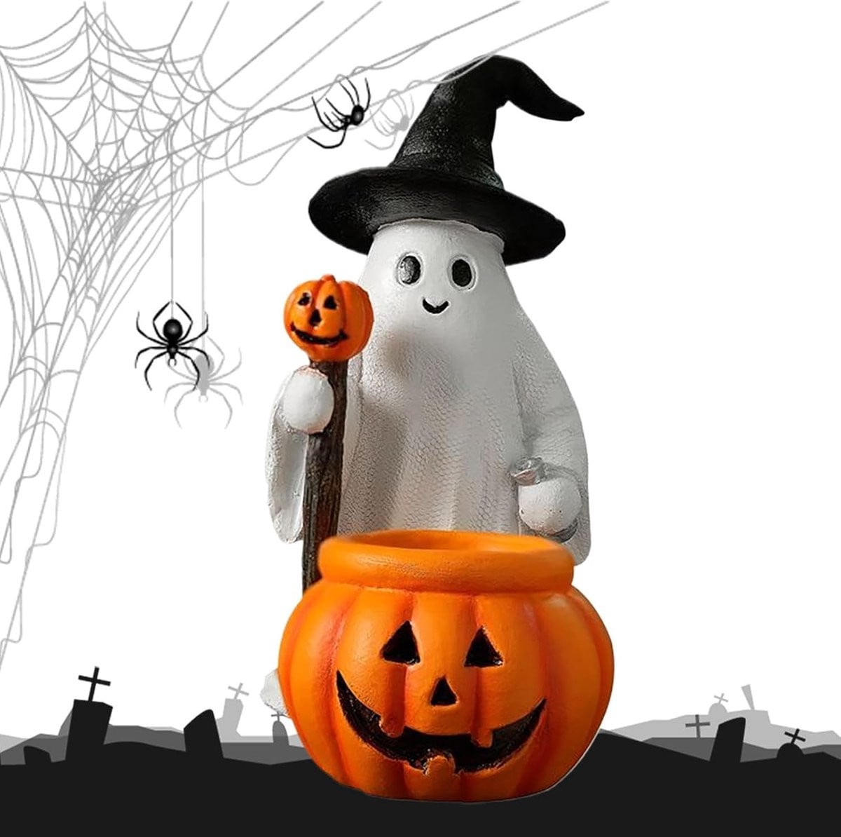 Spookfiguur Decoratie Wit - Handgeschilderd Hars Beeldje voor Halloween - Hoogte: 12,4 cm