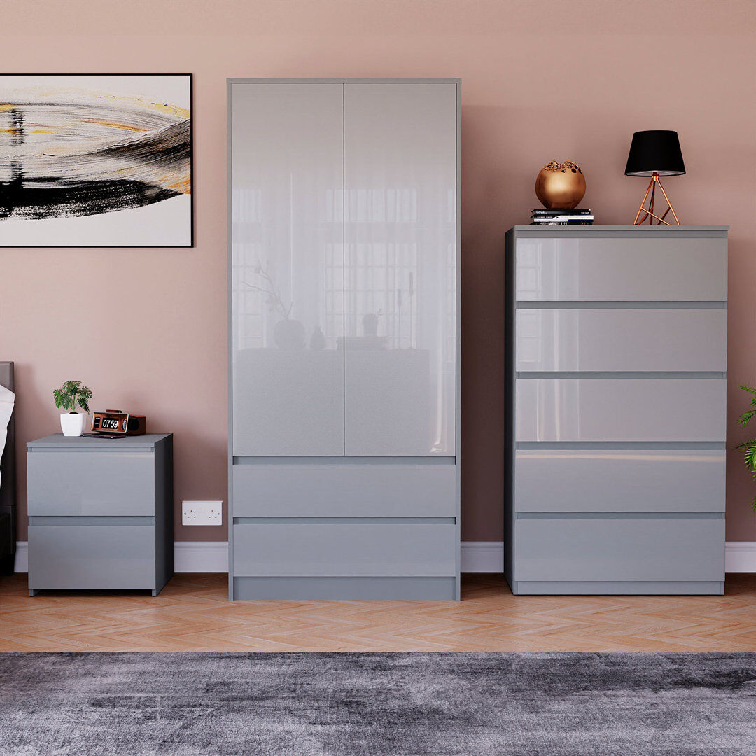 17 Stories Oslo 3 Piece Bedroom Set (2 Drawer Bedside Chest, 5 Drawer Chest, 2 Door 2 Drawer Wardrobe), (100% FSC) Grey