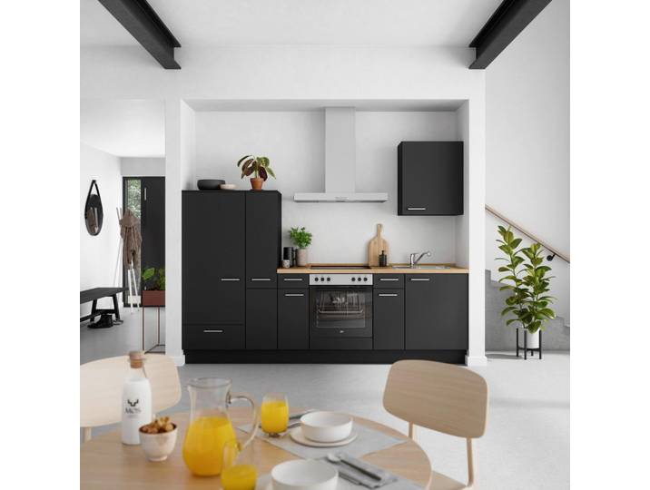 Küchenleerblock, Schwarz & Eiche, 270 cm, Metall, 3 Schubladen, Nobilia