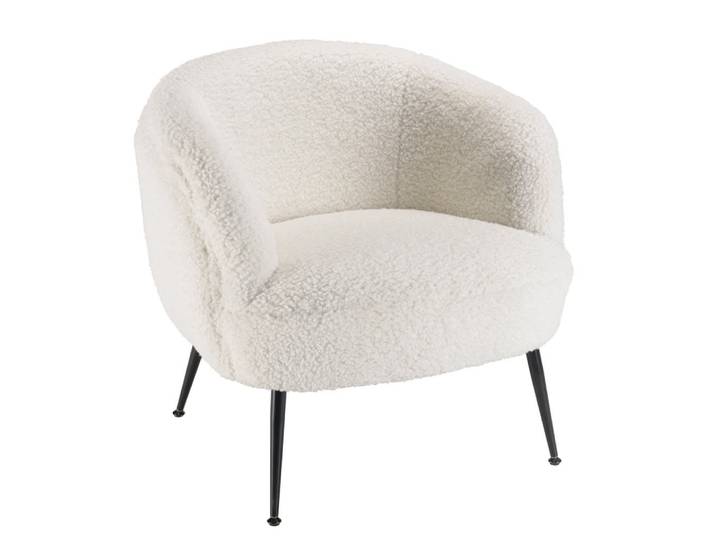 Fauteuil cosy tissu bouclette blanc pieds métal noir