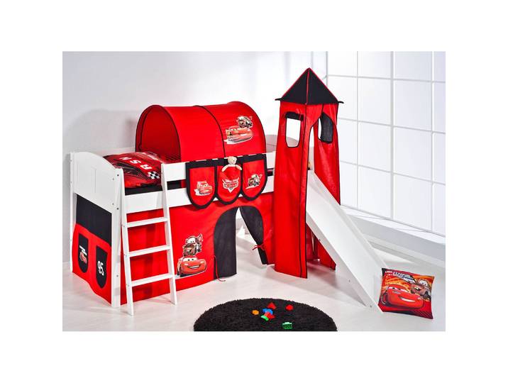 Hochbett Disney Cars 90 x 200cm Weiß mit Rutsche & Turm/mit Leiter