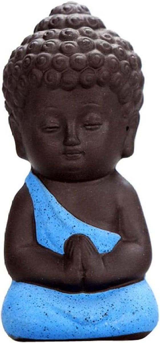 Paars Keramisch Boeddha Standbeeld - Handgemaakt Monnik Beeldje voor Thee Ceremonie Decoratie - 8 x 4 cm